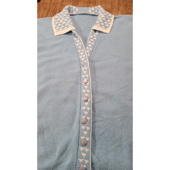 Vintage 50s-60s Womens Cardigan Size XS Baby Blue Print Trim Sweater Collared - Picture 6 of 7